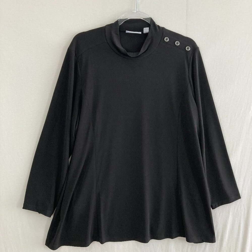 Susan Graver Top sz XL Petite Black Mock Neck Stretch Liquid Knit Button Accents